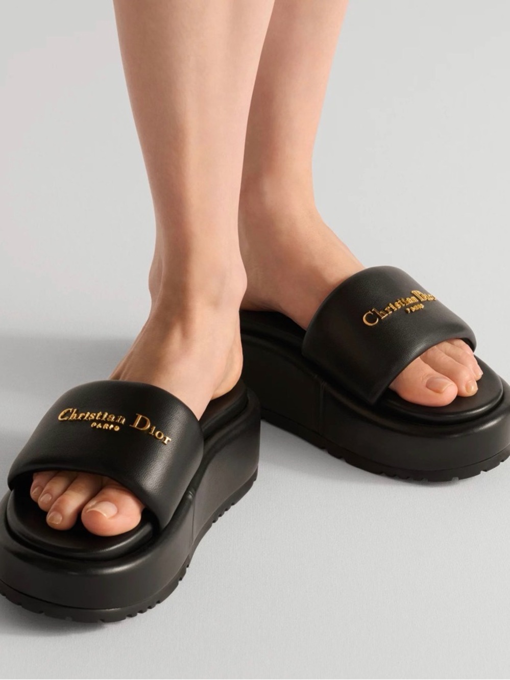 Dior Black Leather Platform Slide Sandals with Gold Logo